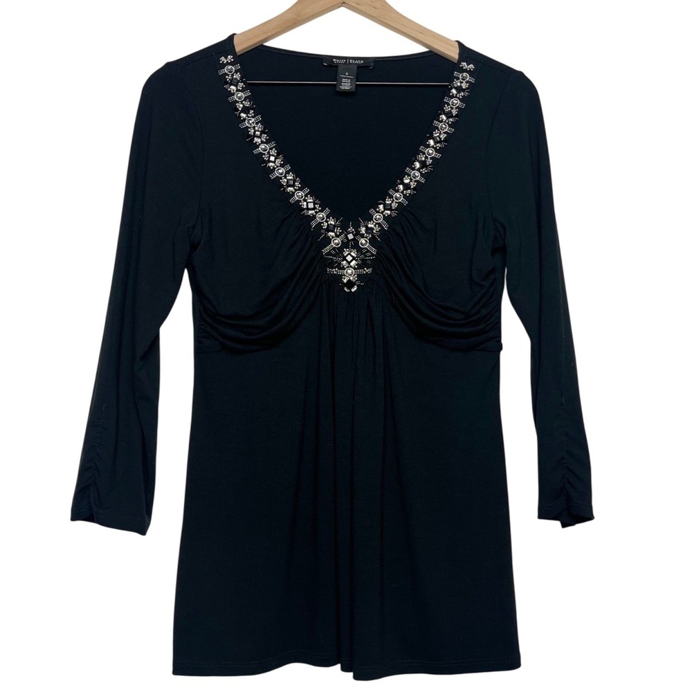 White House Black Market Black Embellished V Neck Long Sleeve Top Smallize S